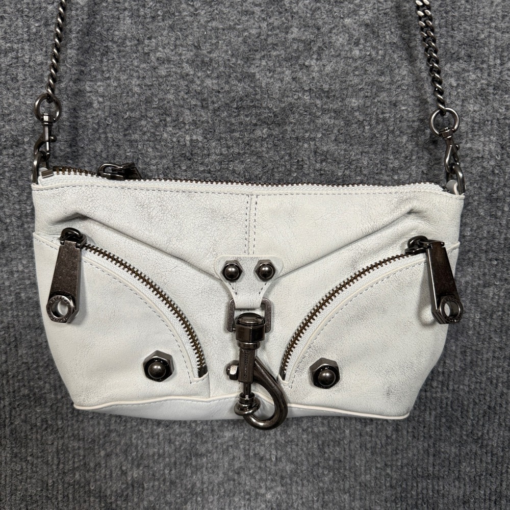 Rebecca Minkoff Crossbody Bag White Mini Julian Leather Chain Strap Zip Pockets
